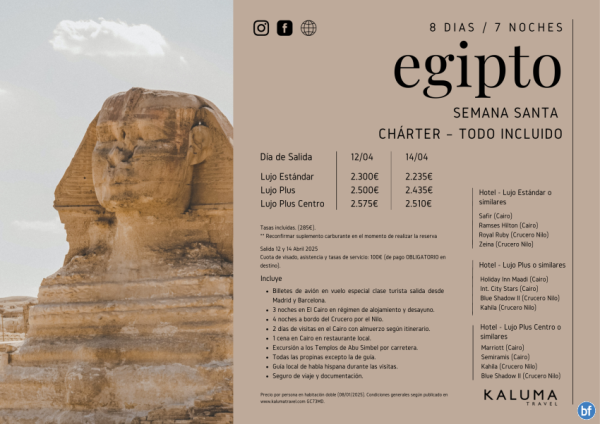 Egipto Especial Semana Santa 8 noches - Charter Todo Incluido desde Barcelona y Madrid  desde 2.235 € 