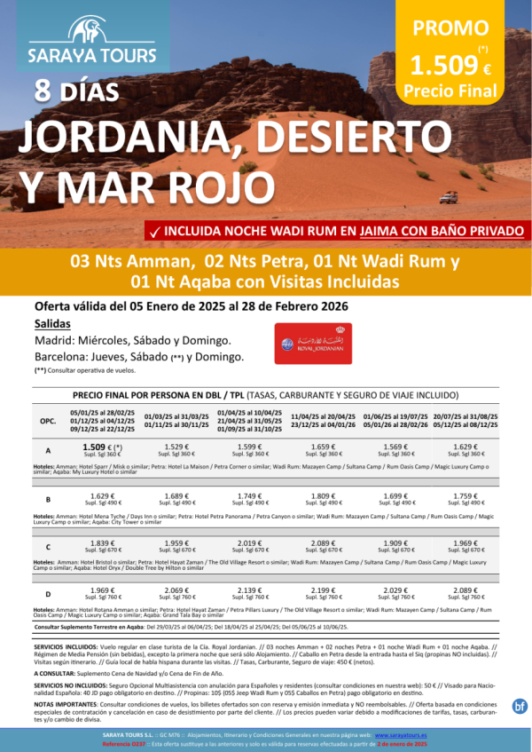 Promo! Jordania, Desierto y Mar Rojo 8 das: Amman, Petra, Wadi Rum, Aqaba con Visitas hasta Feb 26