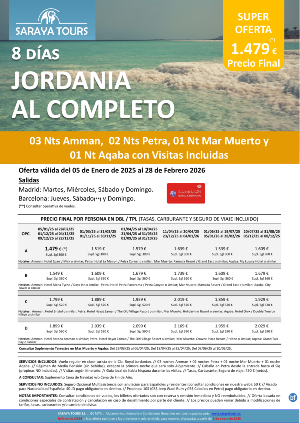 Promo! Jordania al Completo 8 das: Amman, Petra, Mar Muerto y Aqaba con Visitas Incluidas hasta Feb 26