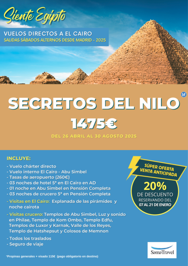 \-Secretos del Nilo\- 8 das Cairo + Crucero + visitas [Chrter MAD-CAI] Reservando del 07/01 al 21/01 - DTO 20%