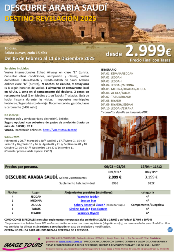 Descubre ARABIA Saud, circuito 10 das visitando Jeddah, Medina, Khaibar, Al Ula, Tabuk y Ryadh, desde 2.999 € 