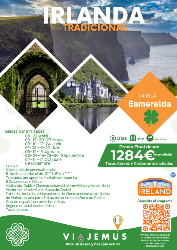 Irlanda Tradicional.La isla esmeralda, visitando Dubln-Clonmacnoise-Athlone-Galway-Acantilado Moher-Limerick