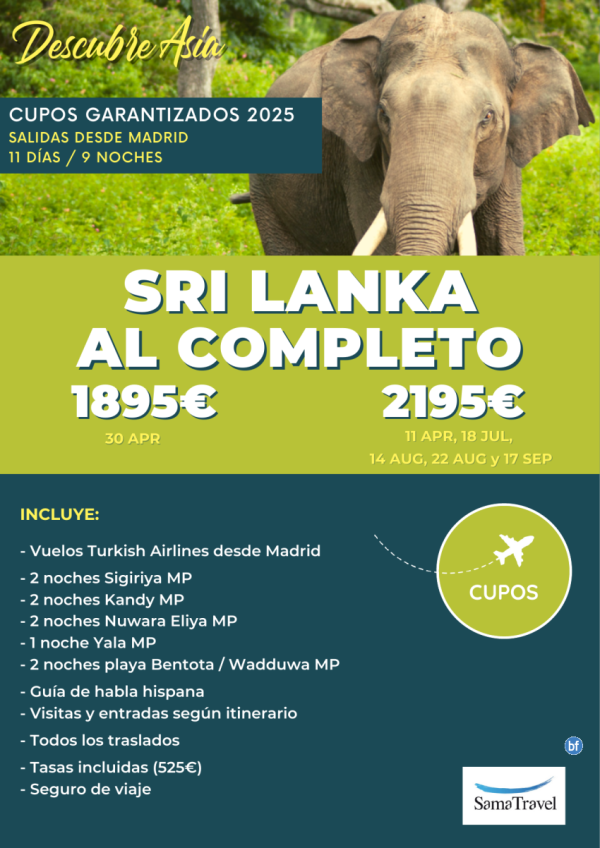 \-SRI LANKA al Completo\-: Circuito 11 das - Cupos garantizados desde Madrid (11Abr-17Sep) **Desde 1.895 € **