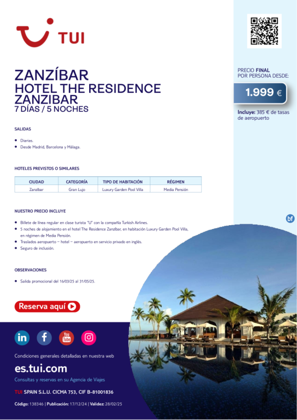 Zanzbar. Hotel The Residence. Salidas diarias desde MAD, BCN y AGP desde 1.999 € 