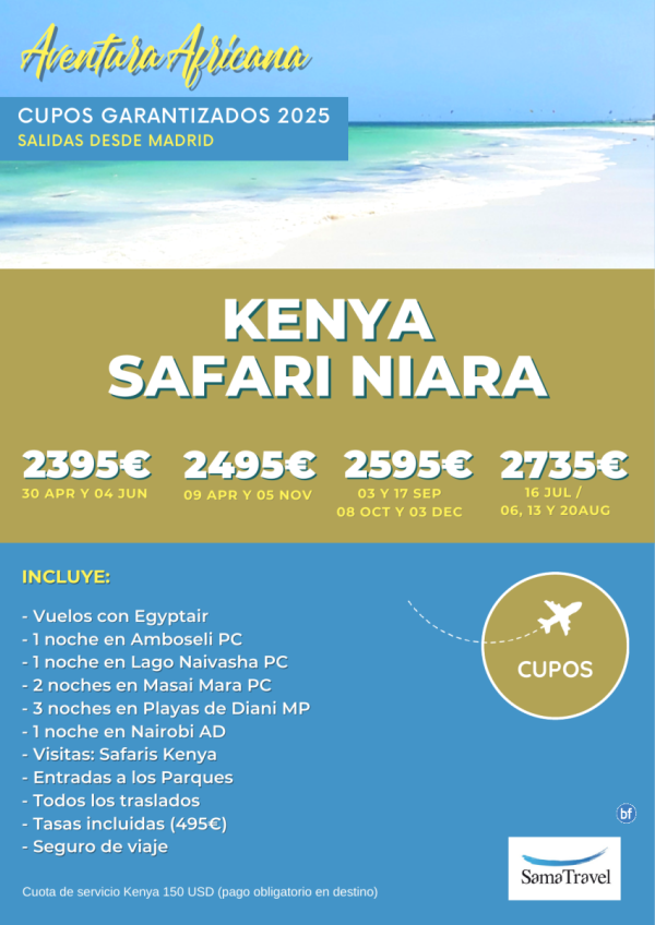 KENYA \-Safari Niara+Playa\-: 11 das con Amboseli, Lago Naivasha, Masai Mara, playa Diani, Nairobi, *dsd 2395 € *