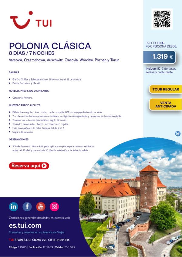 Polonia Clsica. 8 das / 7 noches. Tour Regular. 5% Dto VA. Desde MAD y BCN desde 1.319 € 