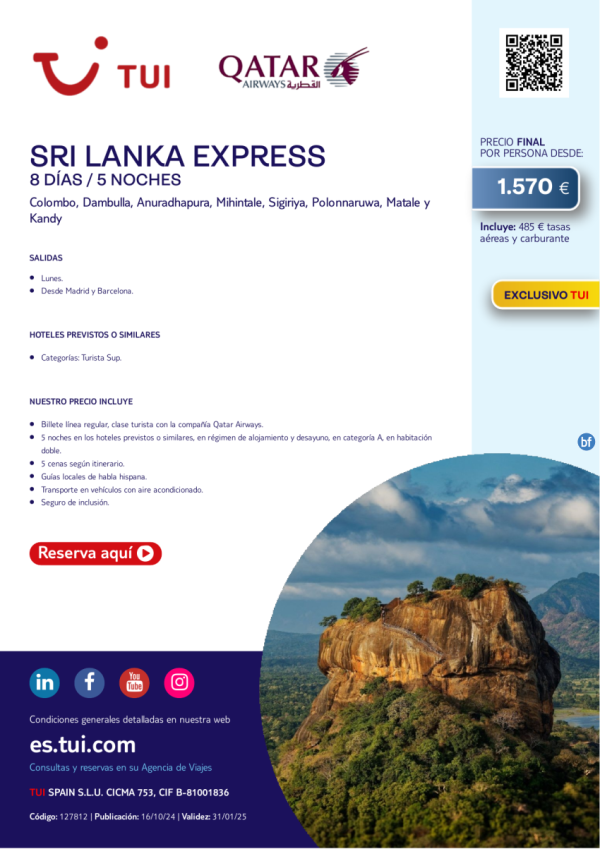 Sri Lanka Express. 8 d / 5 n. Exclusivo TUI. Salida lunes con QR desde Mad y Bcn desde 1.570 € 