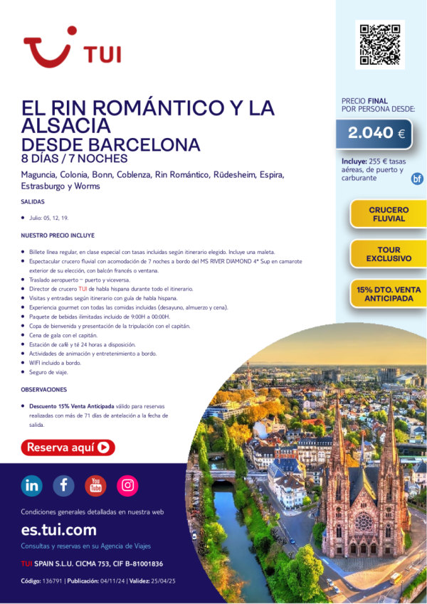 Crucero Fluvial. Rin Romntico, Alsacia y Pases Bajos. 8 das / 7 noches. 15% Dto. Desde BCN desde 2.040 € 