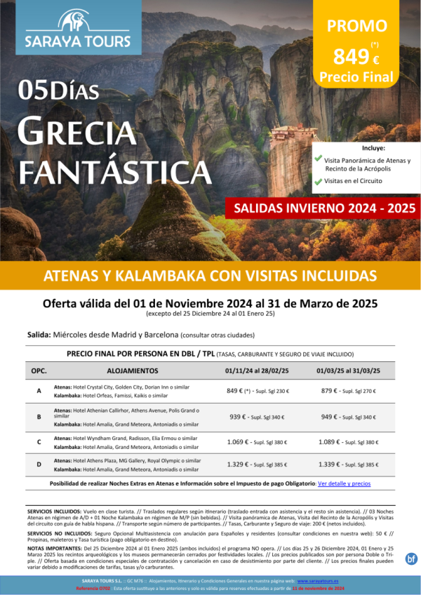 Promo! Grecia Fantstica 5 das: Circuito Atenas y Kalambaka (Delfos y Meteora) con Visitas hasta Oct 25