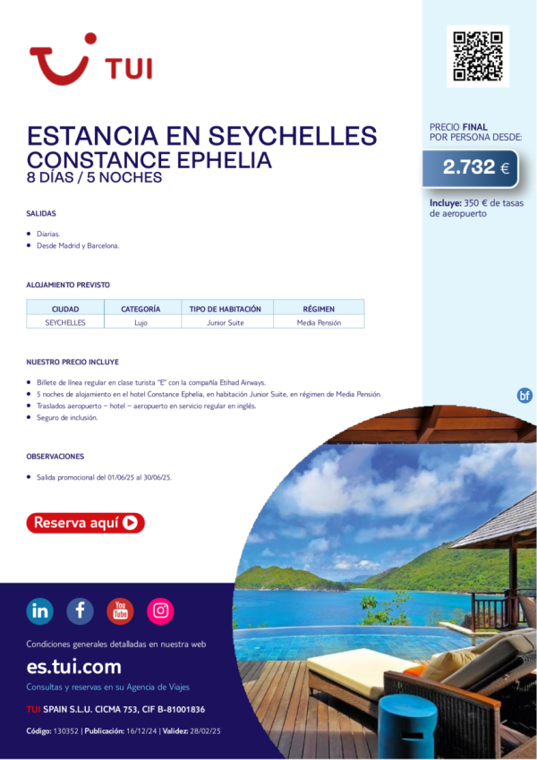 Estancia en Seychelles. Hotel Constance Ephelia. 8 das / 5 noches. Salidas diarias desde 2.732 € 