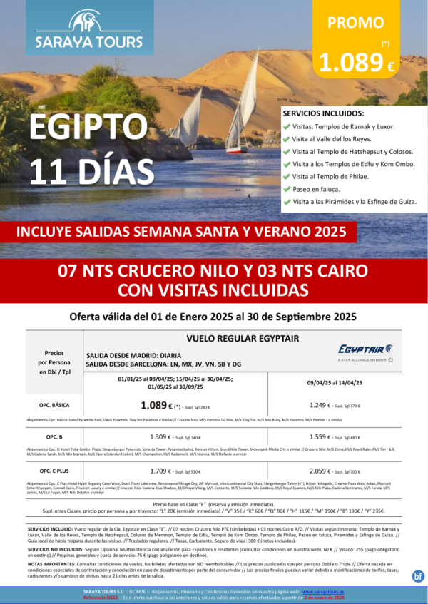 Egipto 11 das. Salidas Mad y Bcn *Crucero 7 noches y Cairo con Visitas Incluidas* desde 1089 € hasta sept 25