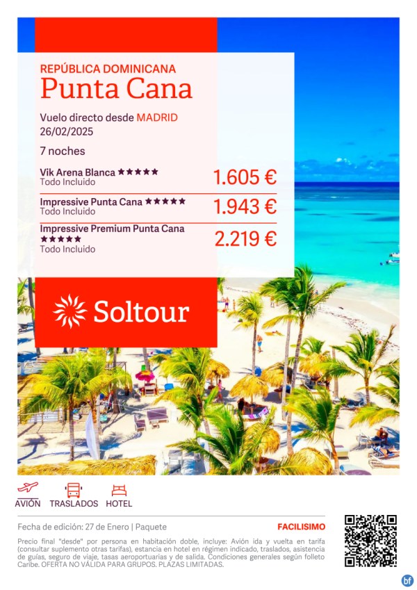 Punta Cana (Repblica Dominicana) en Vik Arena Blanca desde 1.605 € , salida 26 Febrero desde Madrid