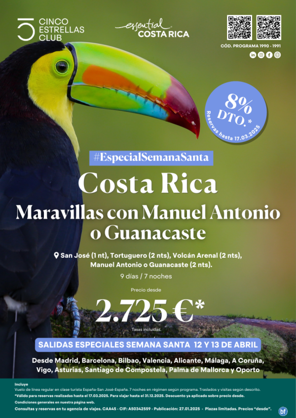 8% dto.+Tarj.Gif Card hasta 120 € Marav.Costa Rica con M.Antonio y/o Guanacaste 9d/7n dsd 2.725 € Sal. 12 y 13.4