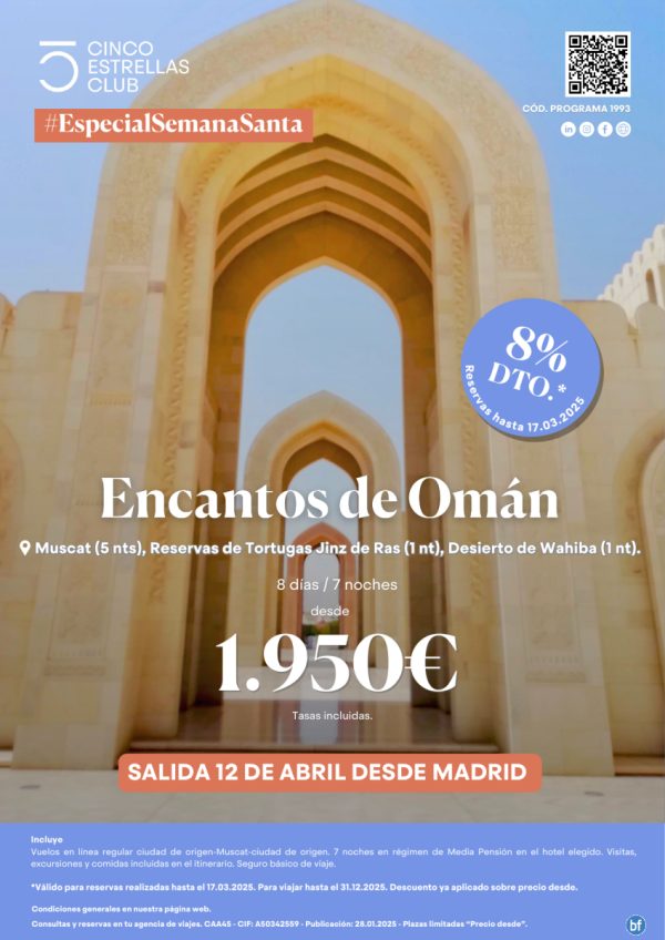 8% dto.+Tarj.Gif Card hasta 120 € Encantos Omn dsd 1.950 € 8d/7n Sal. 12 abril desde Mad. Cupos