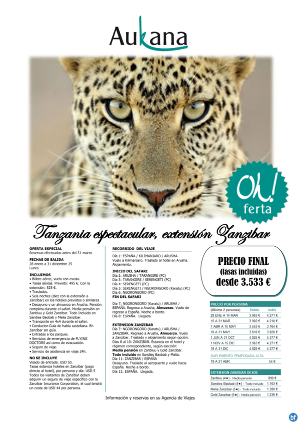 Tanzania espectacular, oferta especial reservas antes 31 marzo