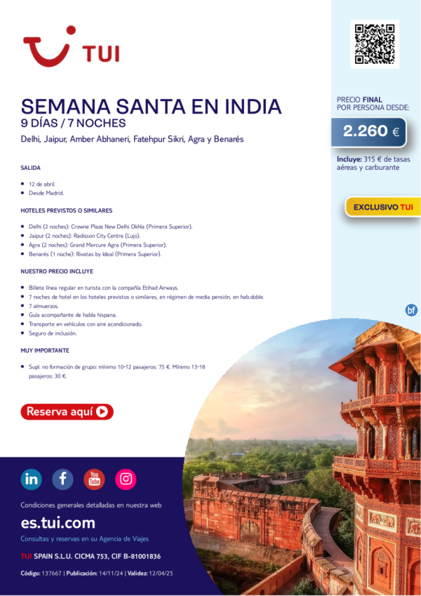 Semana Santa en India. 9 das / 7 noches. Exclusivo TUI. 12 abr desde MAD desde 2.260 € 