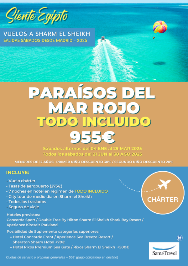 \-Sharm El Sheikh - Parasos del Mar Rojo 2025\- 8 das en TI - Hotel 5* [Chrter desde Madrid ] **Desde 955 € **