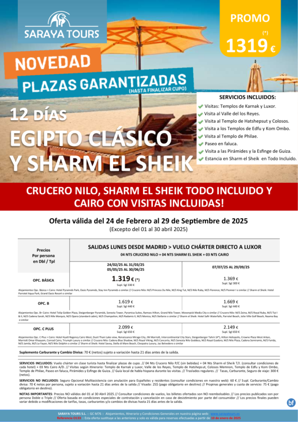 **NUEVO** Egipto Clsico y Sharm 12d * Vuelo charter Madrid * 4 Crucero+4Sharm+3Cairo. Desde 1319 € 