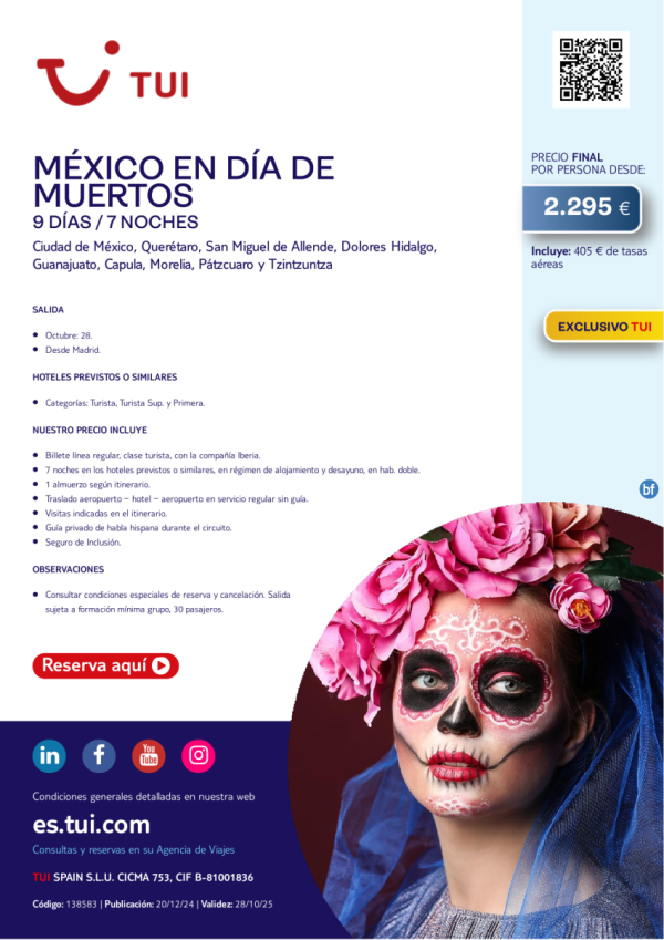 Mxico en Da de Muertos. 9 das / 7 noches. Exclusivo TUI. Salida 28 OCT desde MAD desde 2.295 € 