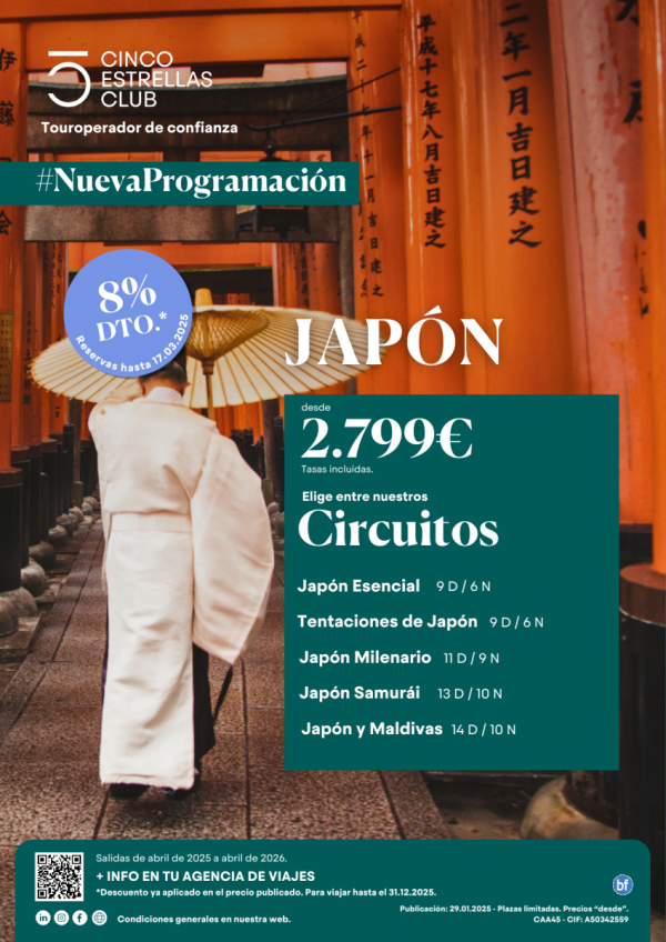 8% dto.+Tarj.Gif Card hasta 120 € dsd 2.799 € circuitos Japn de 6 y10 noches salidas desde Madrid