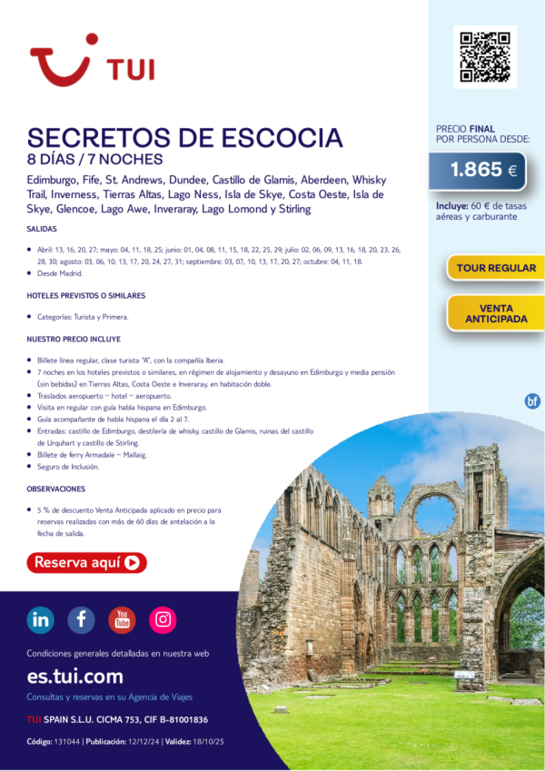 Secretos de Escocia. 8 das / 7 noches. Tour Regular. 5% Dto VA. Salidas desde MAD desde 1.865 € 