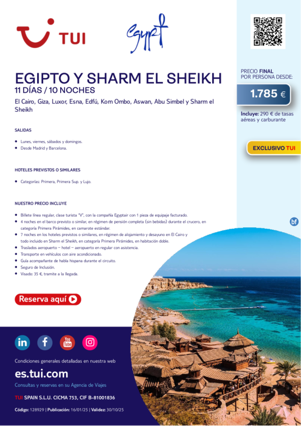 Egipto y Sharm el Sheikh. 11 das / 10 noches. Exclusivo TUI. Salidas desde MAD y BCN desde 1.785 € 