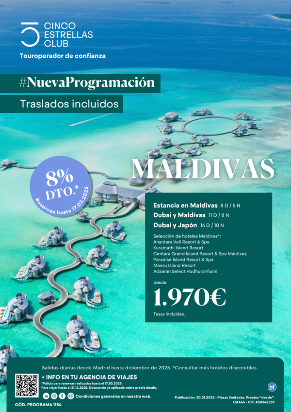 8% dto.+Tarj.Gif Card hasta 120 € dsd 1.970 € Maldiva y combinados 5,8,10nts sal. dsd Madrid traslados incluido