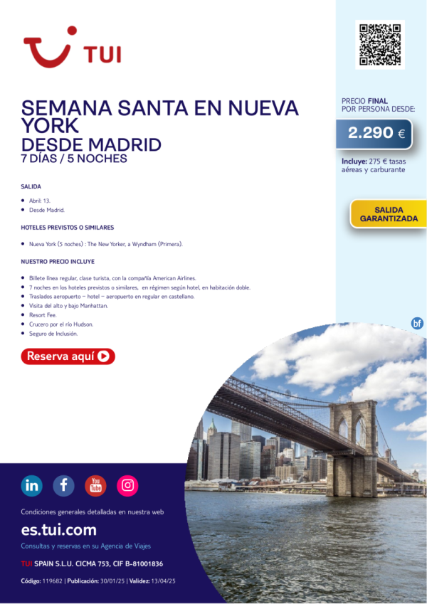 Semana Santa en Nueva York. 7 das / 5 noches. Salida Garantizada 13 ABR desde MAD desde 2.290 € 