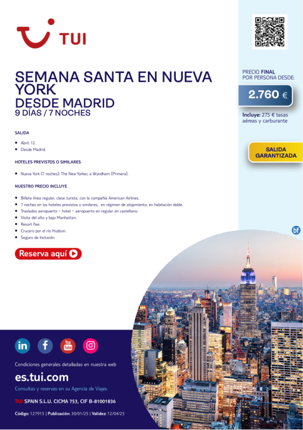 Semana Santa en Nueva York. 9 das / 7 noches. Salida Garantizada 12 ABR desde MAD desde 2.760 € 