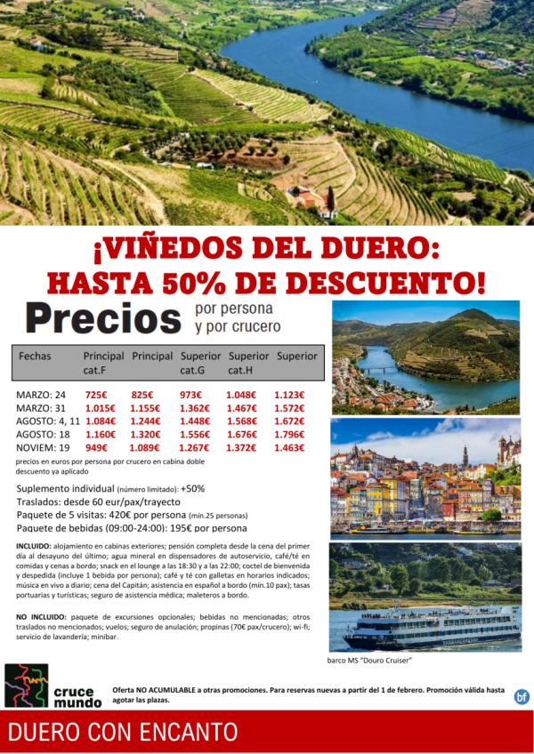 Crucero \-Duero con encanto\-. Hasta 50% de descuento. MS Douro Cruiser, 8d/7n. Salidas desde Oporto.