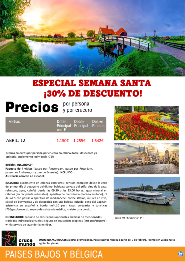 Tulipanes en flor en Semana Santa. Hasta 30% de descuento. Crucero fluvial msterdam-Gante-msterdam.