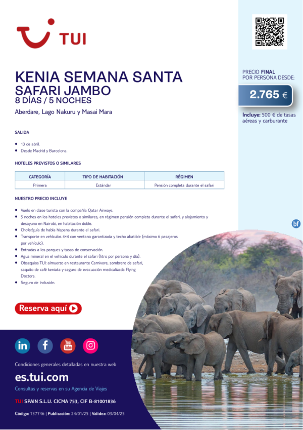 Kenia. Semana Santa. Safari Jambo. 8 das / 5 noches. Salida 13 ABR desde MAD y BCN desde 2.765 € 