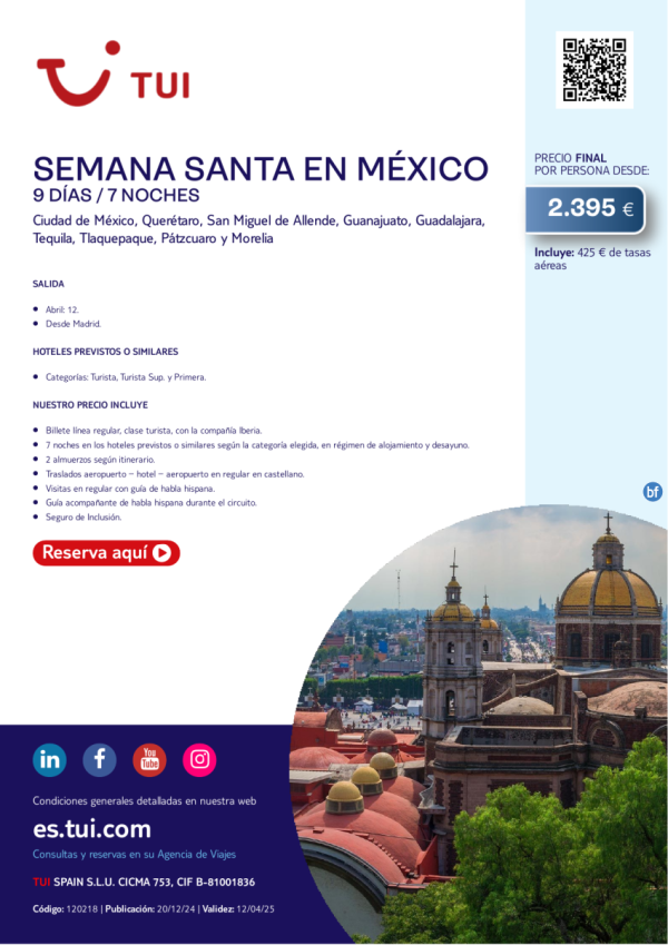 Semana Santa en Mxico. 9 das / 7 noches. Salida 12 ABR desde MAD desde 2.395 € 