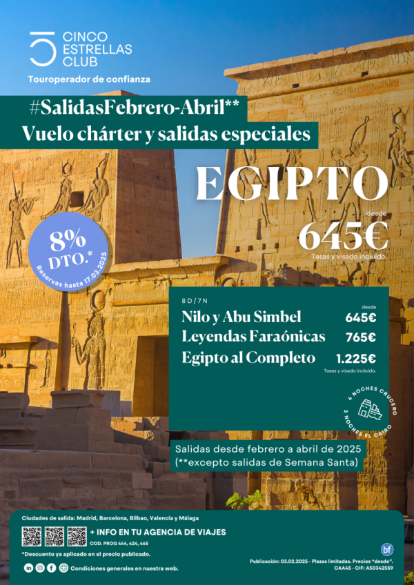 8% dto.+Tarj.Gif Card hsta 120 € Egipto dsd 645 Nilo y Abu simbel 8d/7n salidas Feb-Abril (excepto S.STA)