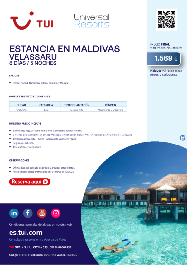 Estancia en Maldivas. Hotel Velassaru. Lujo. 8 das / 5 noches. Salidas desde 1.569 € 