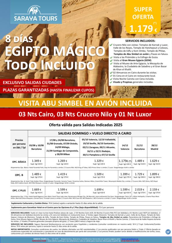 * Nuevo* Egipto Mgico Todo Incluido 8d: Especial Ciudades -Abu Simbel avin-Visitas, propinas y visado incl.