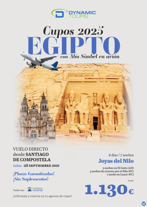 EGIPTO ? Vuelo directo desde Santiago de Compostela?Joyas del Nilo??con Abu Simbel en avin?? desde 1.130 € 