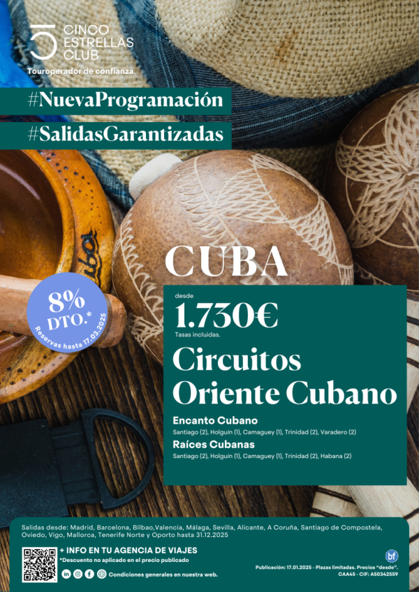 8% dto.+Tarj.Gif Card hst 120 € Circuitos Oriente Cubano dsd 1.730 € 8nts ver ciudades de salida