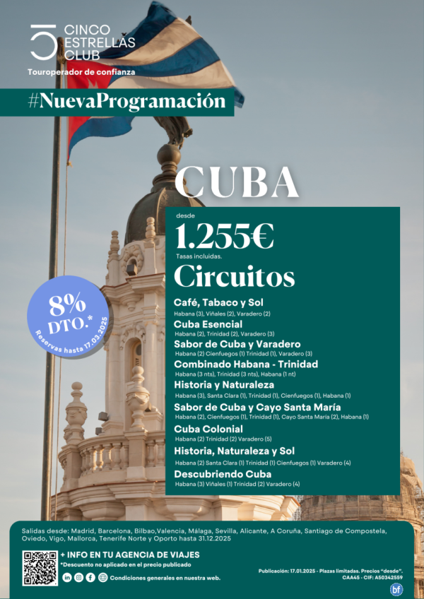 8% dto.+Tarj.Gif Card hasta 120 € dsd 1.255 € Circuitos Cuba 9 diferentes - ver ciudades de salida