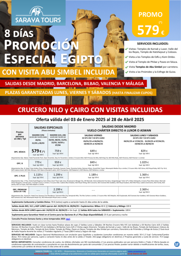 Promo Egipto con Abu Simbel 8das. Vuelo a Lxr o Asw *Ln-Vn-Sb* Crucero y Cairo desde 579 € 