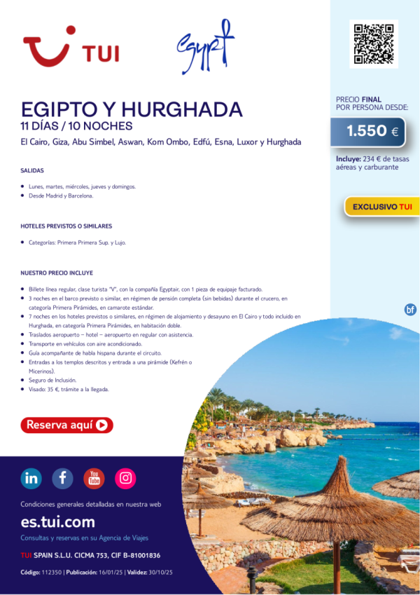 Egipto y Hurghada. 11 das / 10 noches. Exclusivo TUI. Salidas desde MAD y BCN desde 1.550 € 