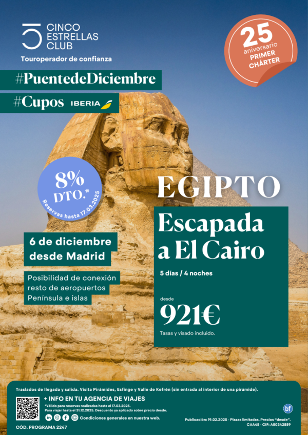 Pte Mayo 8% dto.+Tarj.Gif Card hst120? dsd 921 € Escapda al Cairo 5d/4n sal Mad 06 diciembre - Cupos Iberia