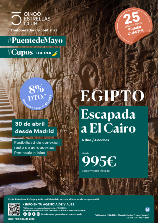 Pte Mayo 8% dto.+Tarj.Gif Card hst120? dsd 995 € Escapda al Cairo 5d/4n sal Mad 30 abril - Cupos Iberia