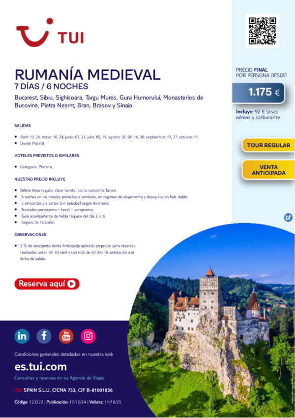 Rumana Medieval. 7 das / 6 noches. Tour regular. 5% Dto VA. Salidas desde MAD desde 1.175 € 