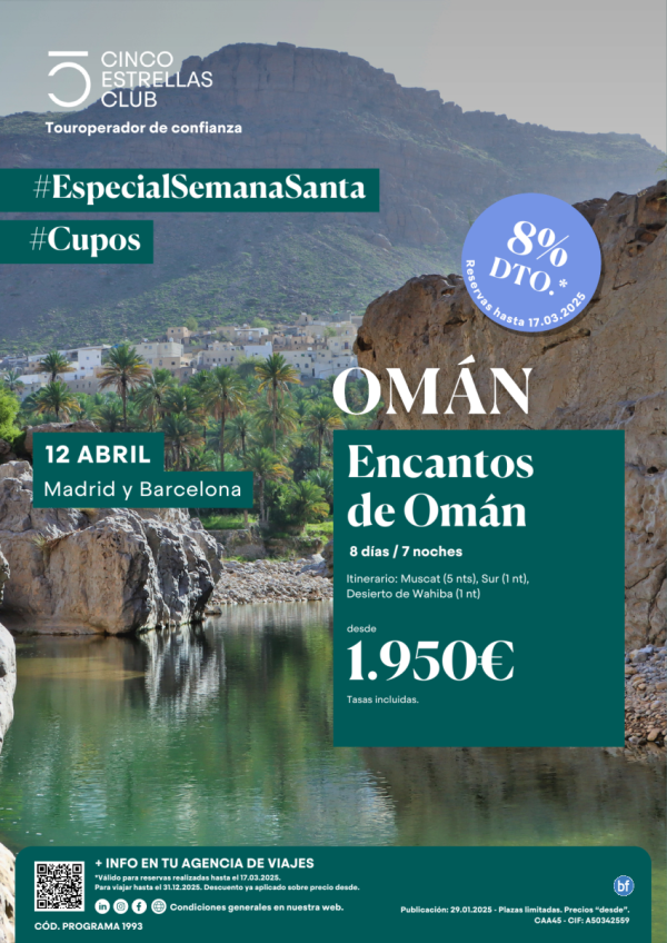 Semana Santa/cupos dsd 1.950 € Encantos Omn 8d/7n sal. 12.04 dsd Madrid  8% dto.+Tarj.Gif Card hasta 120 € 