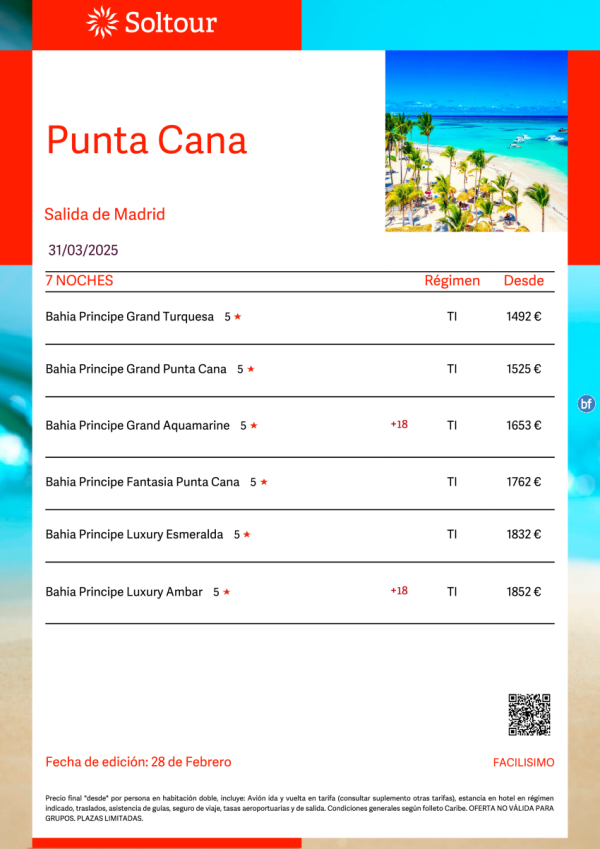 Punta Cana (Repblica Dominicana) en Hoteles Bahia Principe desde 1.492 € , salida 31 Marzo desde Madrid