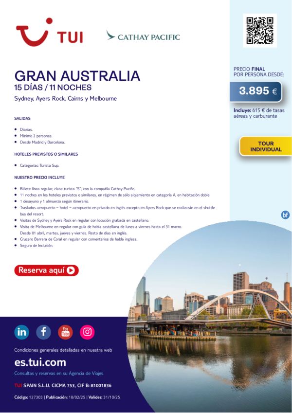 Gran Australia. 15 das / 11 noches. Tour Individual. Vuelos con CX. Salidas diarias desde 3.895 € 