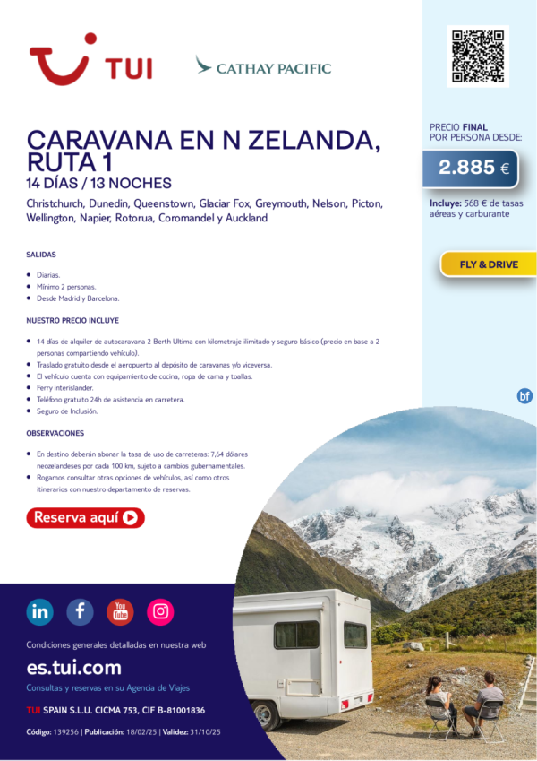 Caravana en Nueva Zelanda. Ruta 1. 14 das / 13 noches. Fly & Drive. Salidas desde MAD y BCN desde 2.885 € 