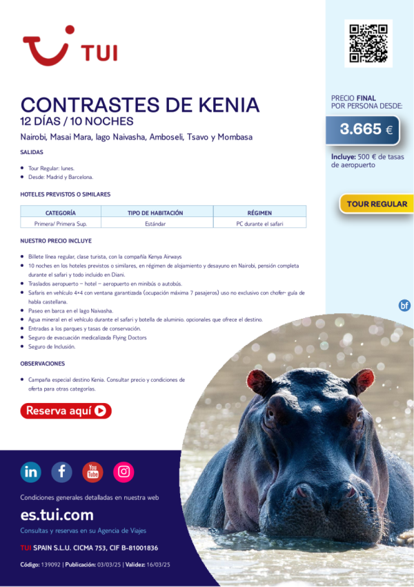 Quincena de Kenia. Contrastes de Kenia. 12 das / 10 noches. Tour Regular. Desde MAD y BCN desde 3.665 € 