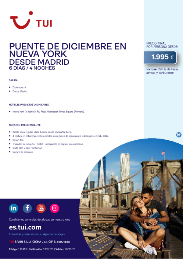 Puente de diciembre en Nueva York. 6 das / 4 noches. Salida 04 DIC desde MAD desde 1.995 € 